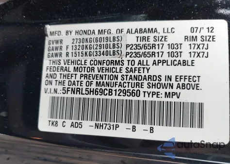 2012 Honda Odyssey Ex-L из США, поврежденный, VIN 5FNRL5H69CB129560